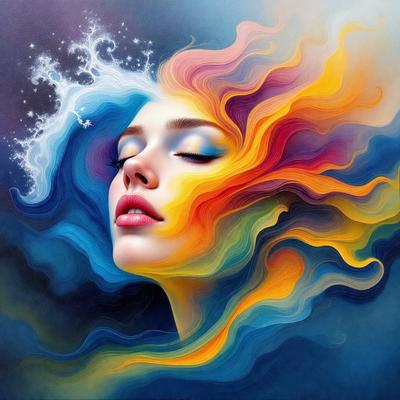 The primary subject of the image is a woman with a colorful, flowing mane. She is looking upward, possibly at the sky or a source of inspiration. The setting is a vibrant, colorful background that complements the woman's appearance. The visual style is a digital art or illustration, with a focus on the woman's face and the flowing mane. The colors and mood of the image are lively and uplifting, with a sense of freedom and creativity.